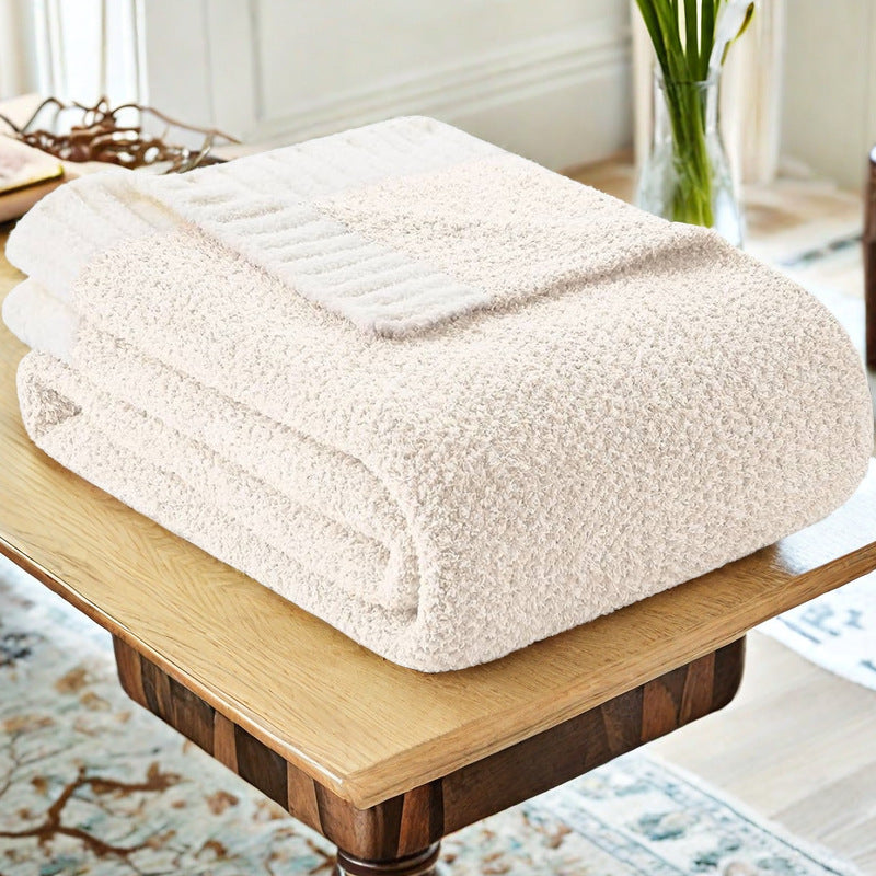 Beige and White Plush Chenille-Knit Throw Blanket - Soft Cozy Polyester for Bed & Sofa | Textured Two-Tone V888-ELOSUNG27858