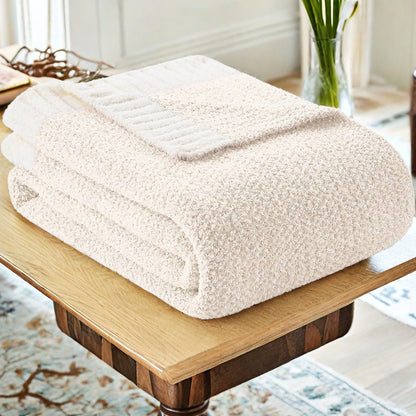 Beige and White Plush Chenille-Knit Throw Blanket - Soft Cozy Polyester for Bed & Sofa | Textured Two-Tone V888-ELOSUNG27858