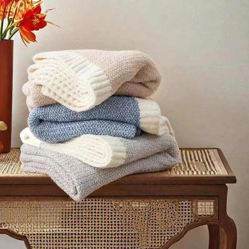 Beige and White Plush Chenille-Knit Throw Blanket - Soft Cozy Polyester for Bed & Sofa | Textured Two-Tone V888-ELOSUNG27858