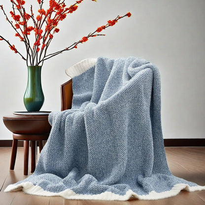 Beige and White Plush Chenille-Knit Throw Blanket - Soft Cozy Polyester for Bed & Sofa | Textured Two-Tone V888-ELOSUNG27858