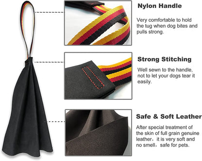 Black Premium Full-Grain Leather Dog Training Tug - Interactive Bite Rag with Strong Loop Handle for Play & V888-ELOSUNG27881
