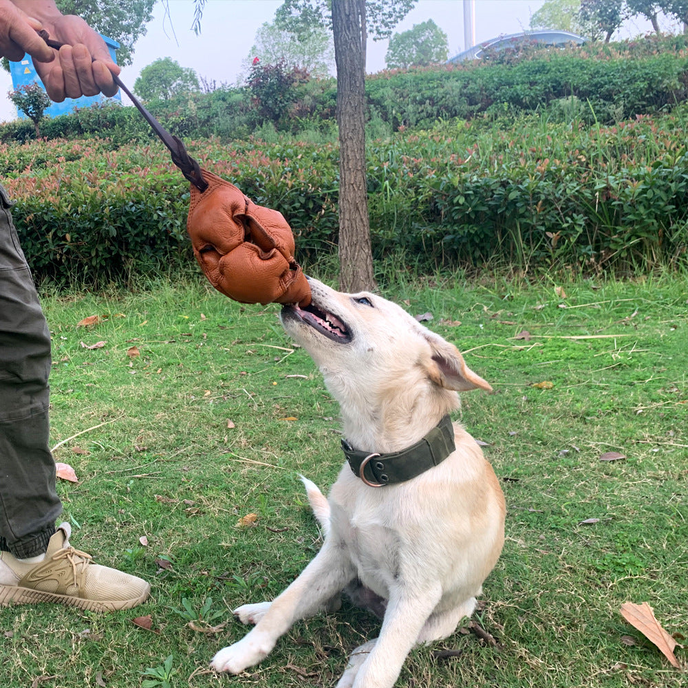 Black Durable Leather Dog Training Ball with Loop Handle - Interactive Bite & Tug Toy for Playful Pups V888-ELOSUNG27883