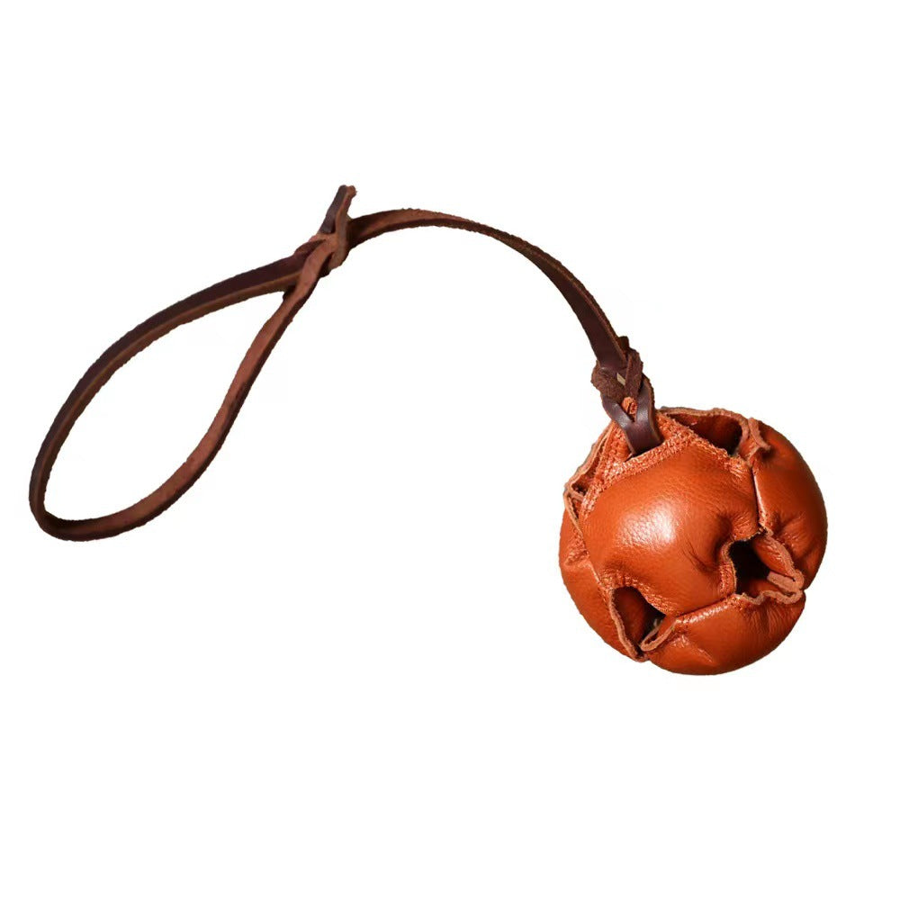 Brown Durable Leather Dog Training Ball with Loop Handle - Interactive Bite & Tug Toy for Playful Pups V888-ELOSUNG27884
