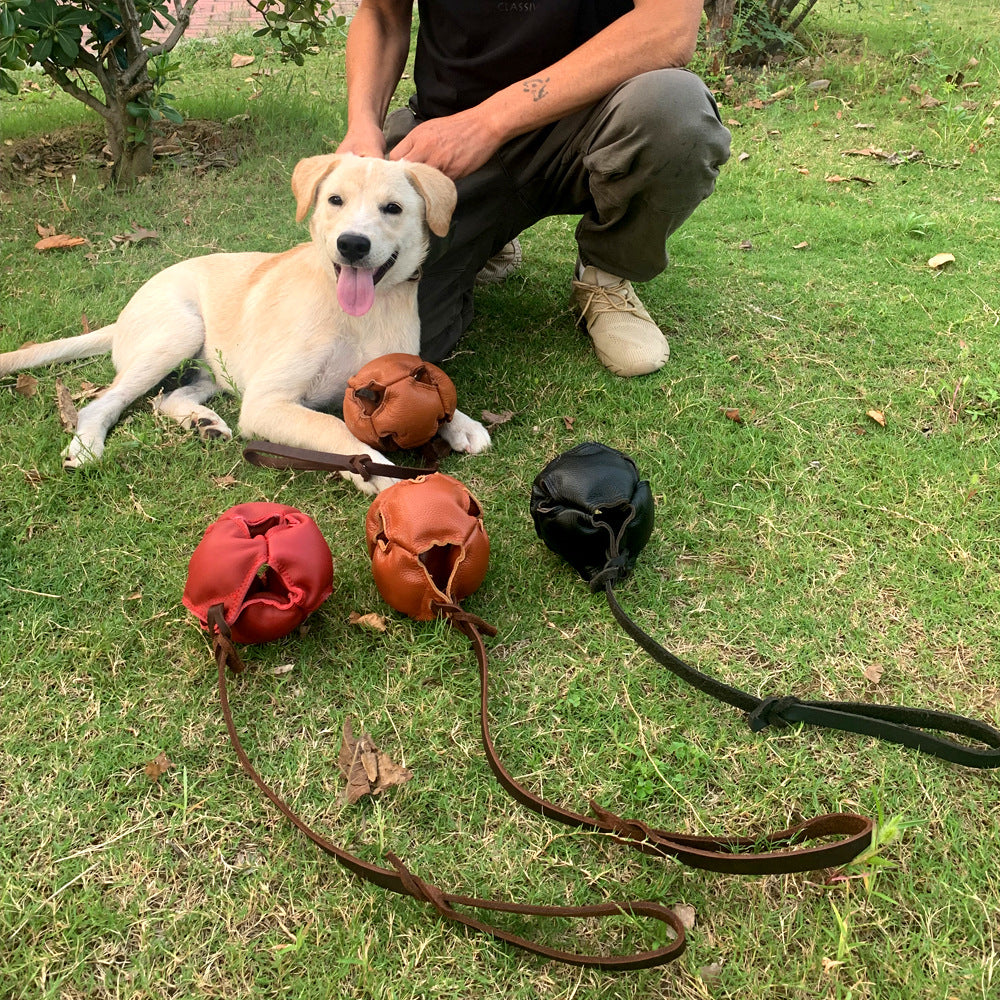 Red Durable Leather Dog Training Ball with Loop Handle - Interactive Bite & Tug Toy for Playful Pups V888-ELOSUNG27885