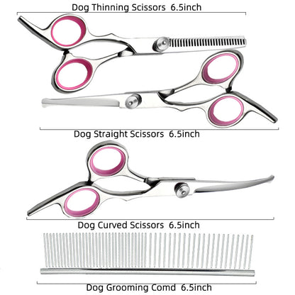 Pink and Silver Complete 5-Piece Pet Grooming Scissors Kit - Stainless Steel Straight, Curved & Thinning V888-ELOSUNG27892