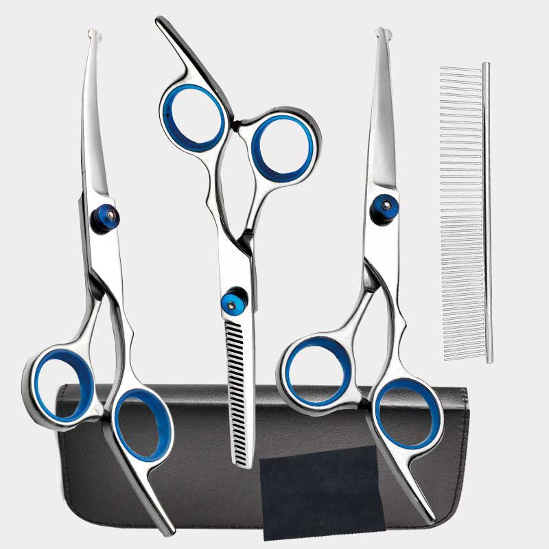 Blue and Silver Complete 5-Piece Pet Grooming Scissors Kit - Stainless Steel Straight, Curved & Thinning V888-ELOSUNG27893