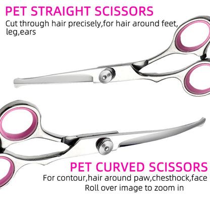 Blue and Silver Complete 5-Piece Pet Grooming Scissors Kit - Stainless Steel Straight, Curved & Thinning V888-ELOSUNG27893