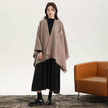 Khaki Elegant Soft Knit Poncho Cape - Warm Autumn Winter Shawl Wrap with Side Tie, Thick & Luxurious Feel V888-ELOSUNG27894