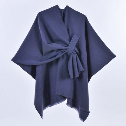 Dark Blue Elegant Soft Knit Poncho Cape - Warm Autumn Winter Shawl Wrap with Side Tie, Thick & Luxurious Feel V888-ELOSUNG27896