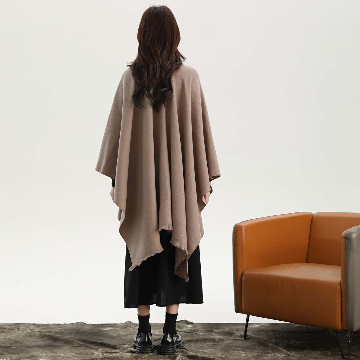 Dark Blue Elegant Soft Knit Poncho Cape - Warm Autumn Winter Shawl Wrap with Side Tie, Thick & Luxurious Feel V888-ELOSUNG27896