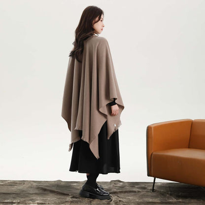Dark Green Elegant Soft Knit Poncho Cape - Warm Autumn Winter Shawl Wrap with Side Tie, Thick & Luxurious Feel V888-ELOSUNG27897