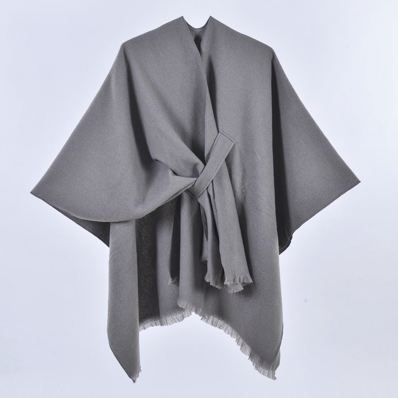Grey Elegant Soft Knit Poncho Cape - Warm Autumn Winter Shawl Wrap with Side Tie, Thick & Luxurious Feel V888-ELOSUNG27899