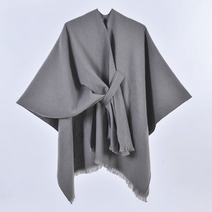 Grey Elegant Soft Knit Poncho Cape - Warm Autumn Winter Shawl Wrap with Side Tie, Thick & Luxurious Feel V888-ELOSUNG27899