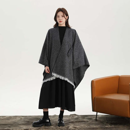 Black and White Elegant Soft Knit Poncho Cape - Warm Autumn Winter Shawl Wrap with Side Tie, Thick & V888-ELOSUNG27900