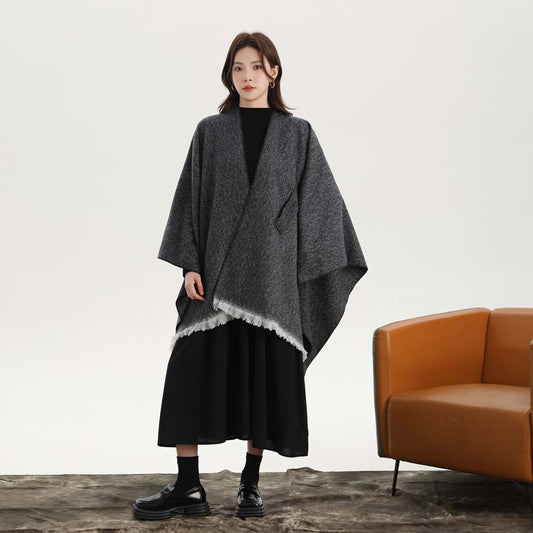 Black and White Elegant Soft Knit Poncho Cape - Warm Autumn Winter Shawl Wrap with Side Tie, Thick & V888-ELOSUNG27900