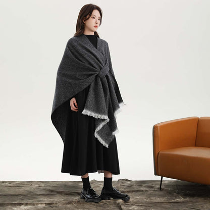 Black and White Elegant Soft Knit Poncho Cape - Warm Autumn Winter Shawl Wrap with Side Tie, Thick & V888-ELOSUNG27900