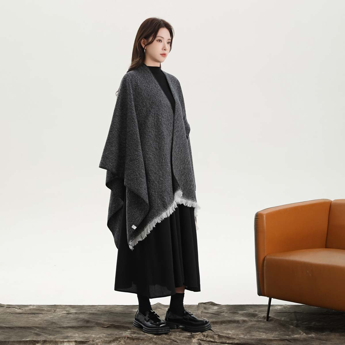 Black and White Elegant Soft Knit Poncho Cape - Warm Autumn Winter Shawl Wrap with Side Tie, Thick & V888-ELOSUNG27900