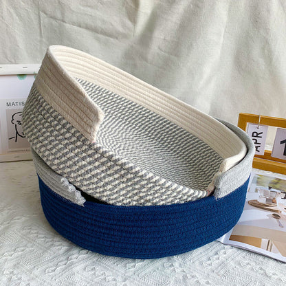 Grey and White Chic Two-Tone Woven Cotton Rope Cat Bed - Cozy Handmade Pet Nest & Storage Basket V888-ELOSUNG27907