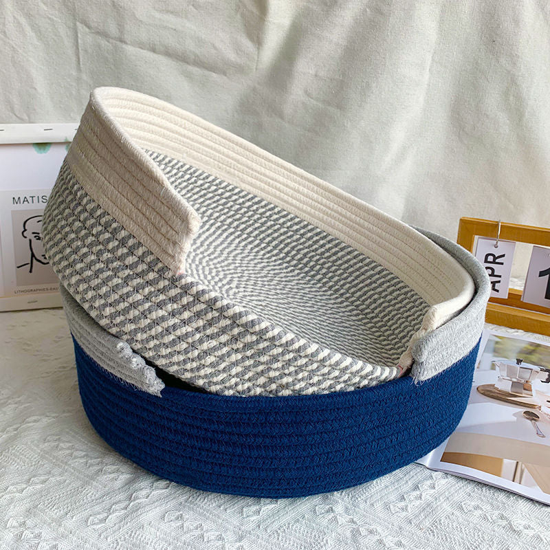Blue and White Chic Two-Tone Woven Cotton Rope Cat Bed - Cozy Handmade Pet Nest & Storage Basket V888-ELOSUNG27908