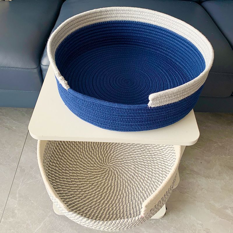 Blue and White Chic Two-Tone Woven Cotton Rope Cat Bed - Cozy Handmade Pet Nest & Storage Basket V888-ELOSUNG27908
