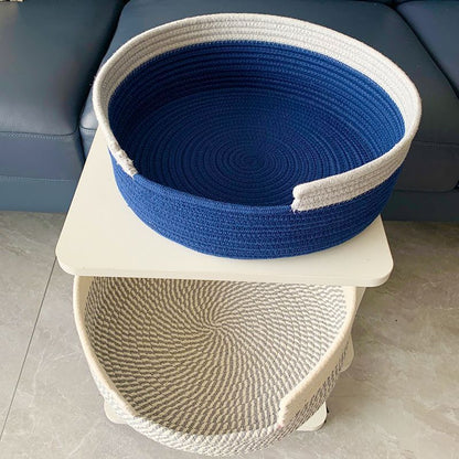 Blue and White Chic Two-Tone Woven Cotton Rope Cat Bed - Cozy Handmade Pet Nest & Storage Basket V888-ELOSUNG27908