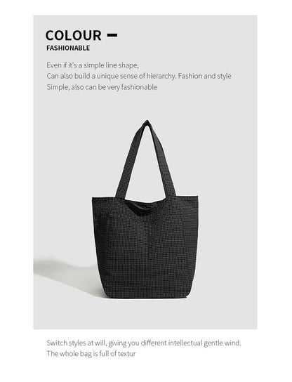 Black Stylish Lightweight Seersucker Gingham Tote Bag - Spacious Multi-Pocket Shoulder Bag with Zipper V888-ELOSUNG27909