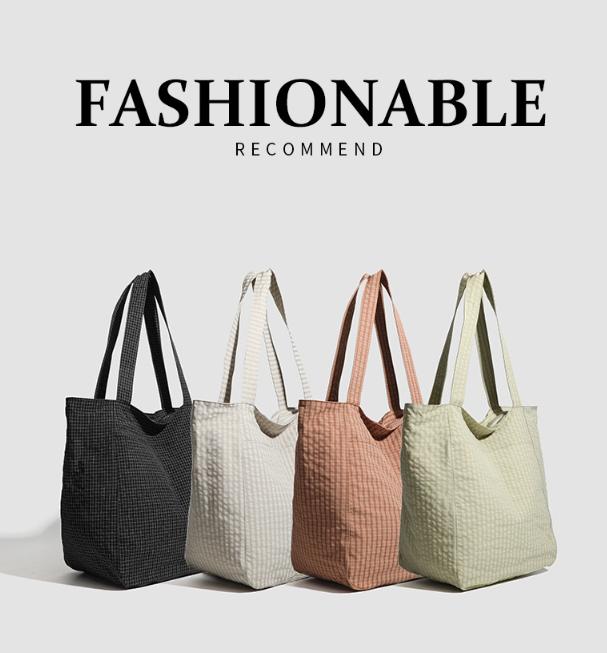 Black Stylish Lightweight Seersucker Gingham Tote Bag - Spacious Multi-Pocket Shoulder Bag with Zipper V888-ELOSUNG27909