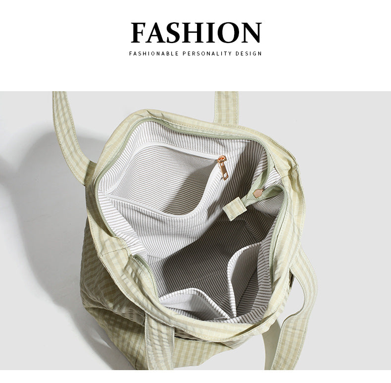 Black Stylish Lightweight Seersucker Gingham Tote Bag - Spacious Multi-Pocket Shoulder Bag with Zipper V888-ELOSUNG27909