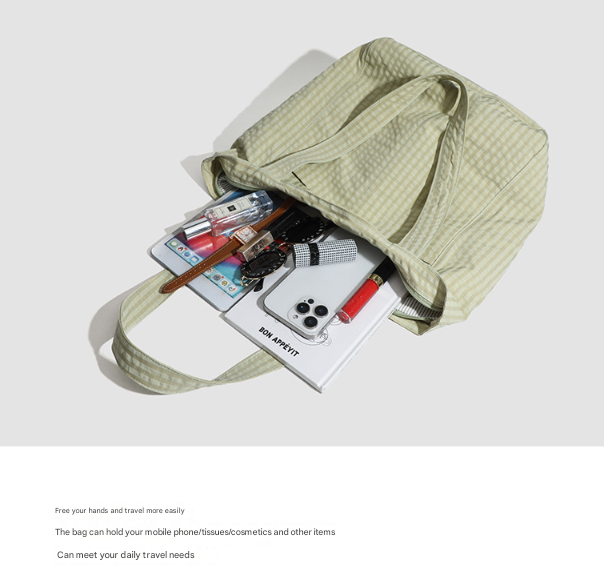 Black Stylish Lightweight Seersucker Gingham Tote Bag - Spacious Multi-Pocket Shoulder Bag with Zipper V888-ELOSUNG27909