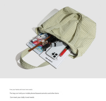 Black Stylish Lightweight Seersucker Gingham Tote Bag - Spacious Multi-Pocket Shoulder Bag with Zipper V888-ELOSUNG27909