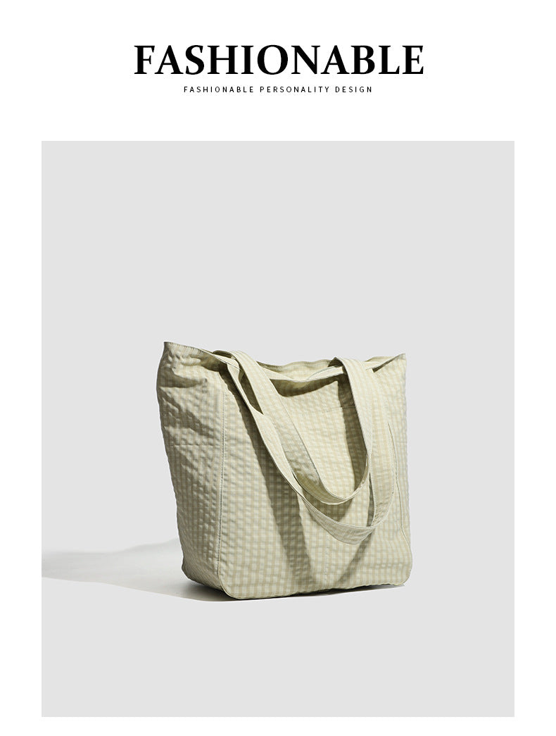Black Stylish Lightweight Seersucker Gingham Tote Bag - Spacious Multi-Pocket Shoulder Bag with Zipper V888-ELOSUNG27909