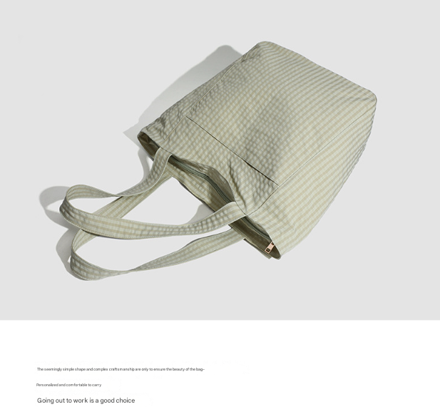 Black Stylish Lightweight Seersucker Gingham Tote Bag - Spacious Multi-Pocket Shoulder Bag with Zipper V888-ELOSUNG27909
