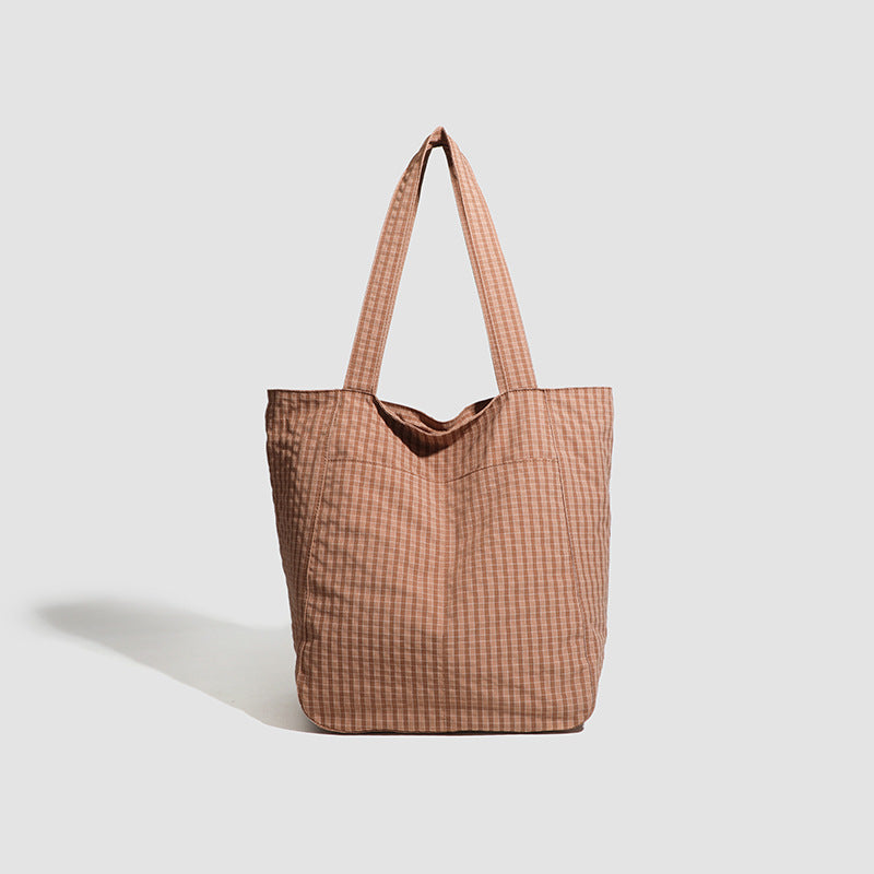 Brown Stylish Lightweight Seersucker Gingham Tote Bag - Spacious Multi-Pocket Shoulder Bag with Zipper V888-ELOSUNG27910