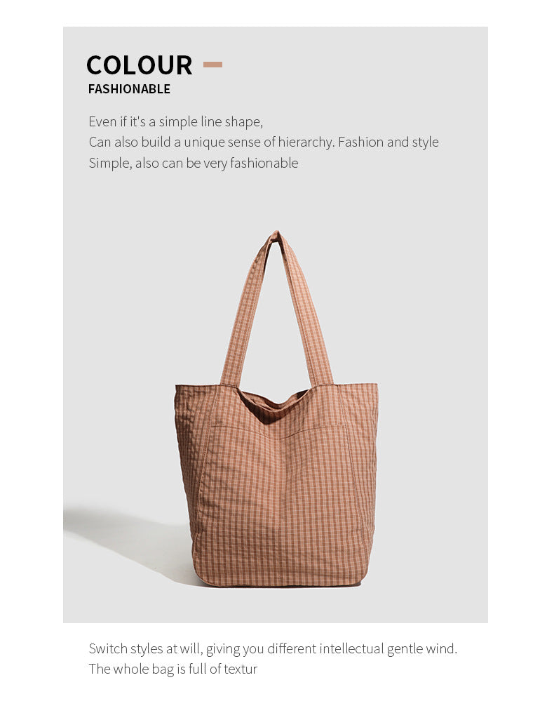 Brown Stylish Lightweight Seersucker Gingham Tote Bag - Spacious Multi-Pocket Shoulder Bag with Zipper V888-ELOSUNG27910