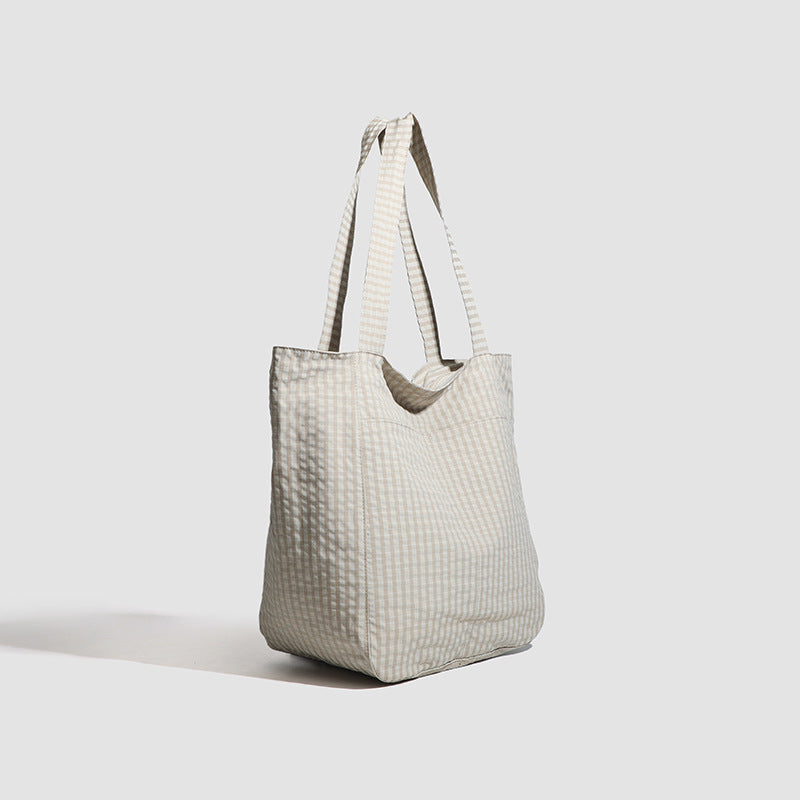 Beige Stylish Lightweight Seersucker Gingham Tote Bag - Spacious Multi-Pocket Shoulder Bag with Zipper V888-ELOSUNG27912