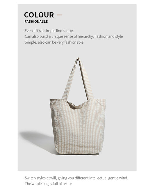 Beige Stylish Lightweight Seersucker Gingham Tote Bag - Spacious Multi-Pocket Shoulder Bag with Zipper V888-ELOSUNG27912
