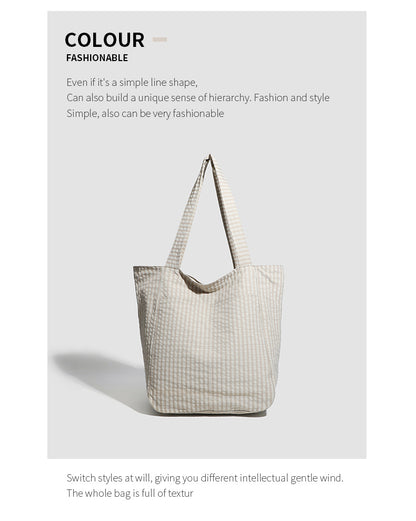 Beige Stylish Lightweight Seersucker Gingham Tote Bag - Spacious Multi-Pocket Shoulder Bag with Zipper V888-ELOSUNG27912