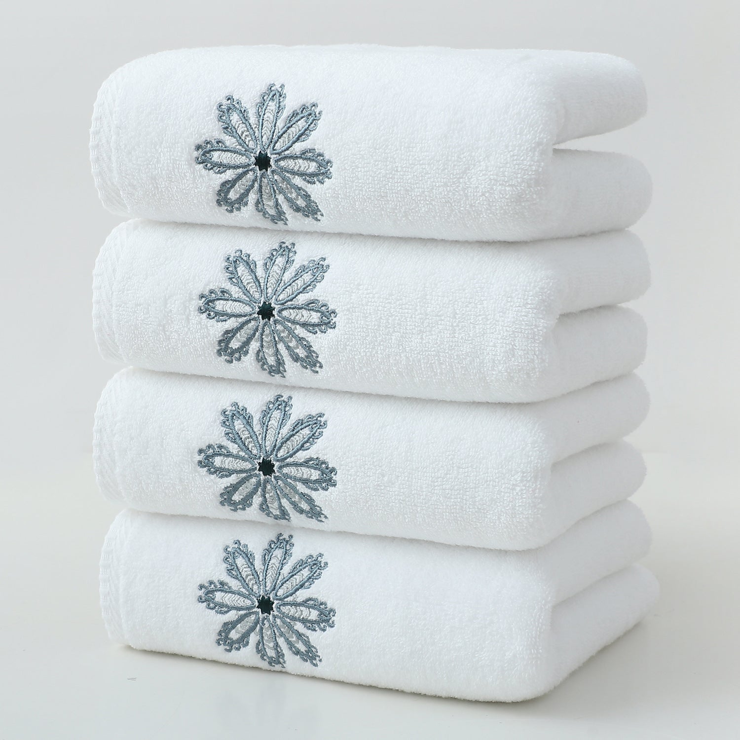 White 4-Pack Elegant Green Floral Embroidered Cotton Hand Towels - Ultra Soft & Absorbent V888-ELOSUNG27931