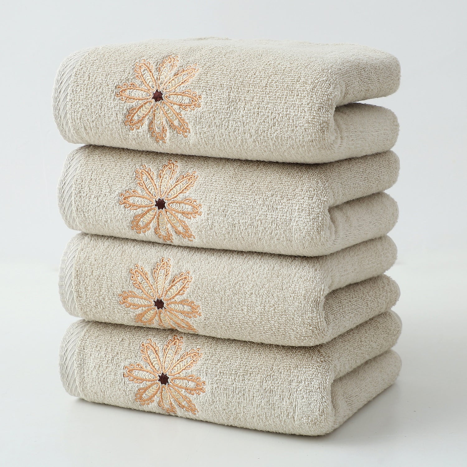 Beige 4-Pack Elegant Orange Floral Embroidered Cotton Hand Towels - Ultra Soft & Absorbent V888-ELOSUNG27933