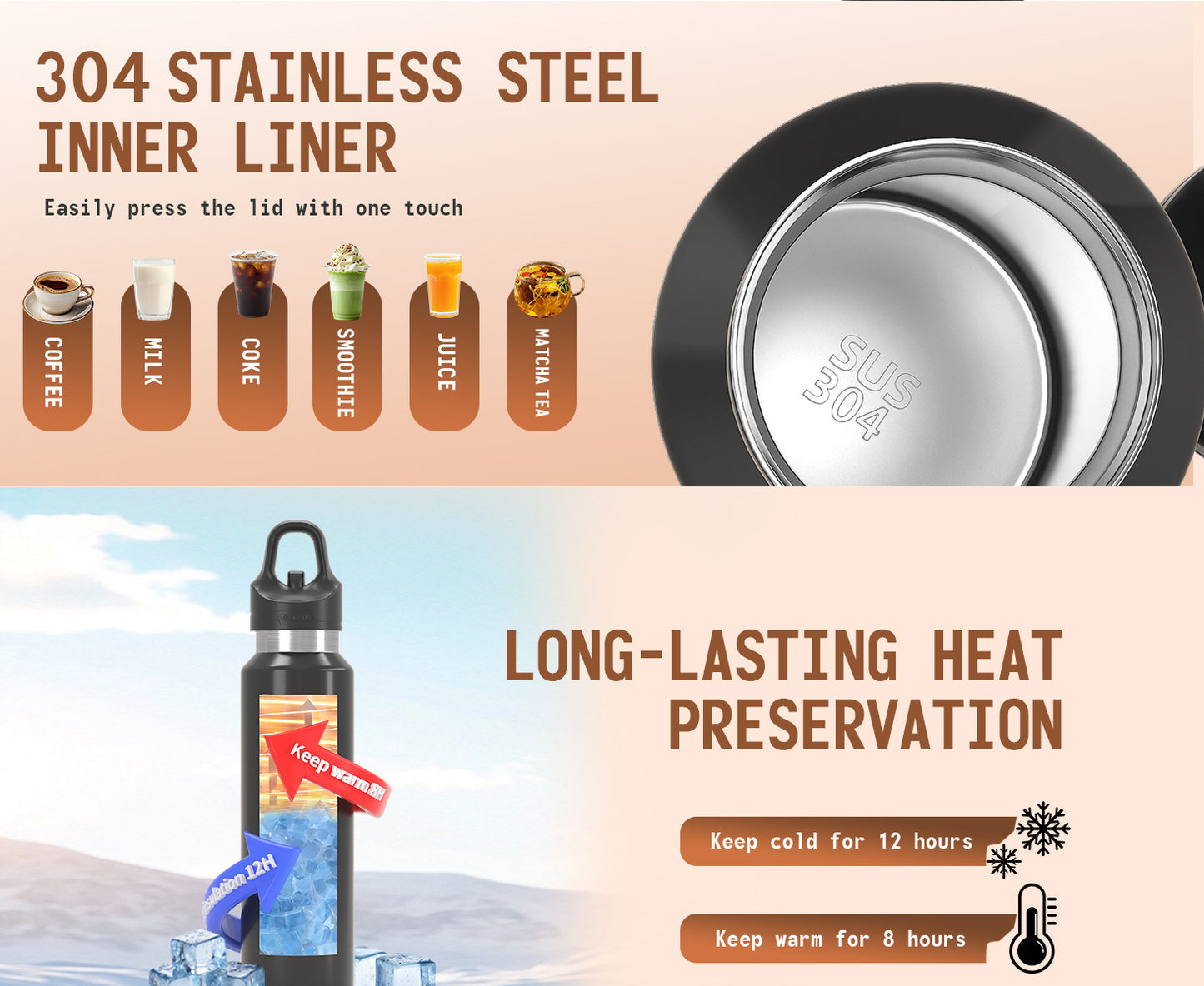 Yellow 680ml Insulated Stainless Steel Water Bottle - Leakproof One-Click Lid Thermal Flask for Hot & Cold V888-ELOSUNG27937