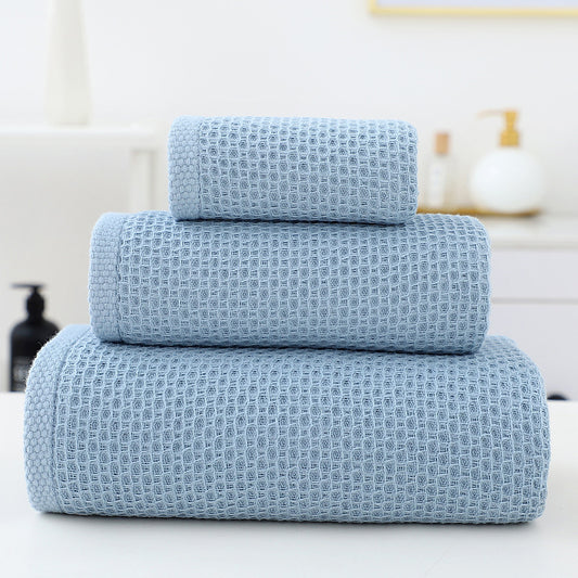 Blue Premium 3-Piece Waffle Weave Cotton Towel Set - Lightweight, Quick-Dry & Absorbent - Bath, Hand, Face V888-ELOSUNG27944