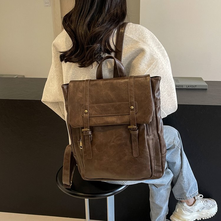 Brown Vintage Style PU Leather Backpack - Large Capacity Women's Rucksack for University, Commute & Travel V888-ELOSUNG27957
