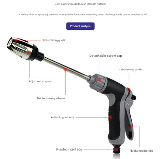 Black and Grey Heavy Duty Long Wand Garden Hose Nozzle - High Pressure Water Spray Gun with Adjustable V888-ELOSUNG27961