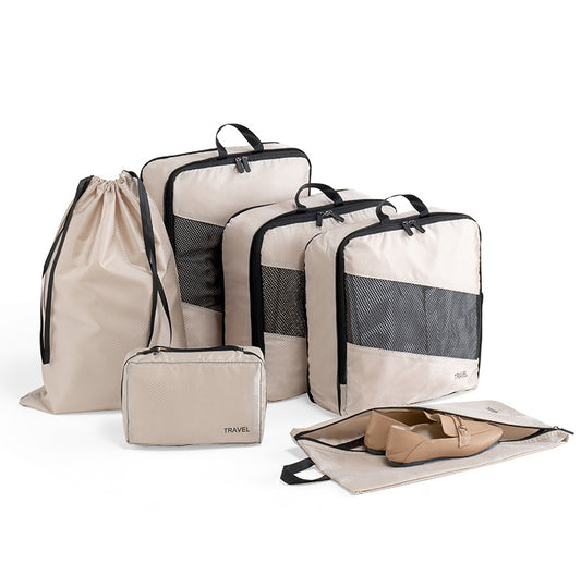 Beige and Black Premium 6-Piece Compression Packing Cubes Set - Lightweight Polyester Travel Organizers for V888-ELOSUNG27965