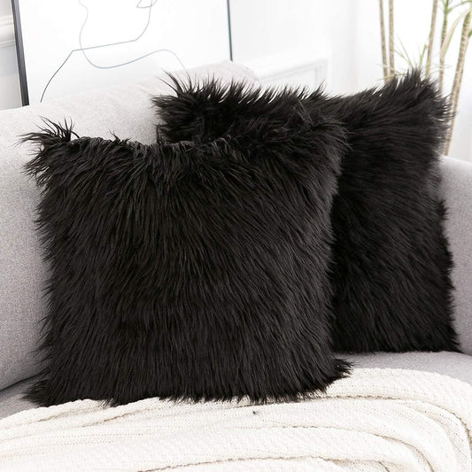 Black Luxurious Long Faux Fur Cushion Covers - Set of 2, 45x45cm Soft Plush Decorative Pillowcases for Sofa & V888-ELOSUNG27968