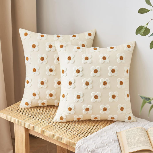 Beige and Khaki Charming 3D Daisy Embroidered Canvas Cushion Covers - Set of 2, 45x45cm Soft Textured V888-ELOSUNG27975