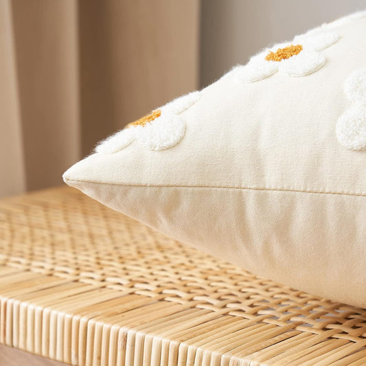 Beige and Khaki Charming 3D Daisy Embroidered Canvas Cushion Covers - Set of 2, 45x45cm Soft Textured V888-ELOSUNG27975