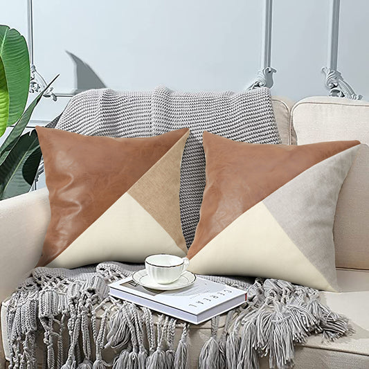 Khaki and Gray Modern Geometric Faux Leather & Cotton-Linen Cushion Covers - Set of 2, 45x45cm Decorative V888-ELOSUNG27978