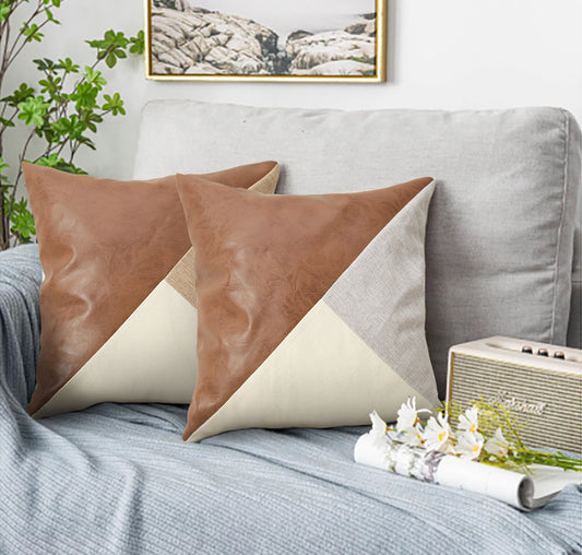 Khaki and Gray Modern Geometric Faux Leather & Cotton-Linen Cushion Covers - Set of 2, 45x45cm Decorative V888-ELOSUNG27978