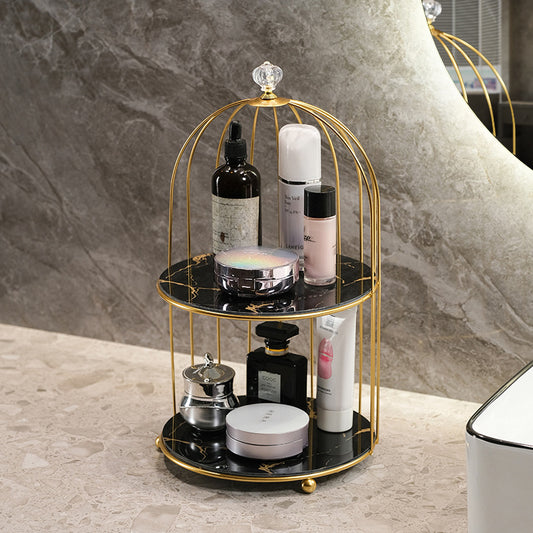 Gold and Black Elegant 2-Tier Gold Birdcage Cosmetic Organizer - Wrought Iron Countertop Storage Rack for V888-ELOSUNG27986